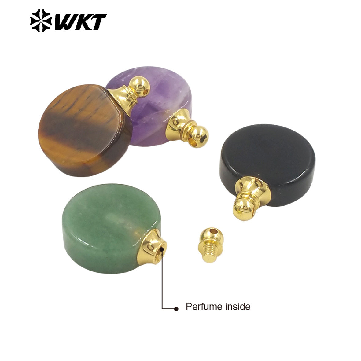 WT-P1982 Wholesale Fashion High Polish Round Flat Women Gold Loops Natural Gemstone Made Amethyst Essencial Oil Bottle Pendant