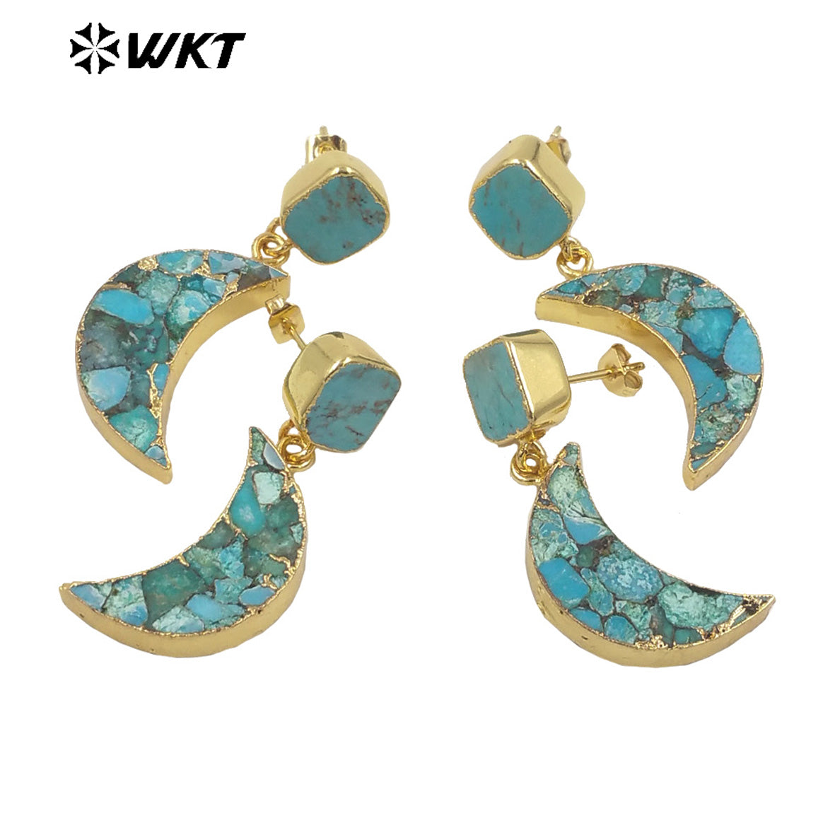 WT-E663 Crescent Shape Copper Turquoise Vintage Earring French 18k Gold Plated Earring for Women Stone Earrings