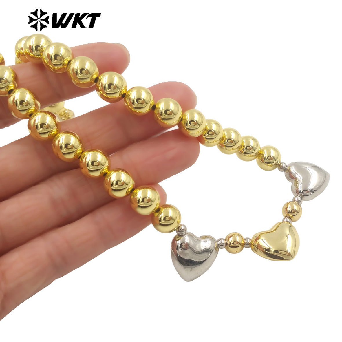 WT-JFN27 Wholesale New 18K Gold Plated Natural Yellow Brass Round Beads Love Shaped Women Fashion Necklace Jewelry Finished