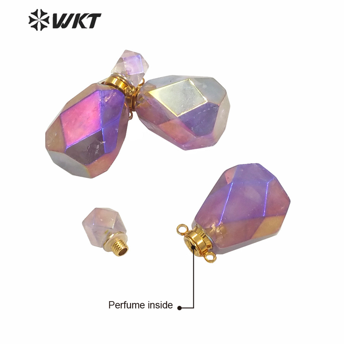 WT-P1594 Amazing New Gorgeous Women Gold AURA Titanium Electroplated Natural Stone Perfume Bottle Pendant for Necklace