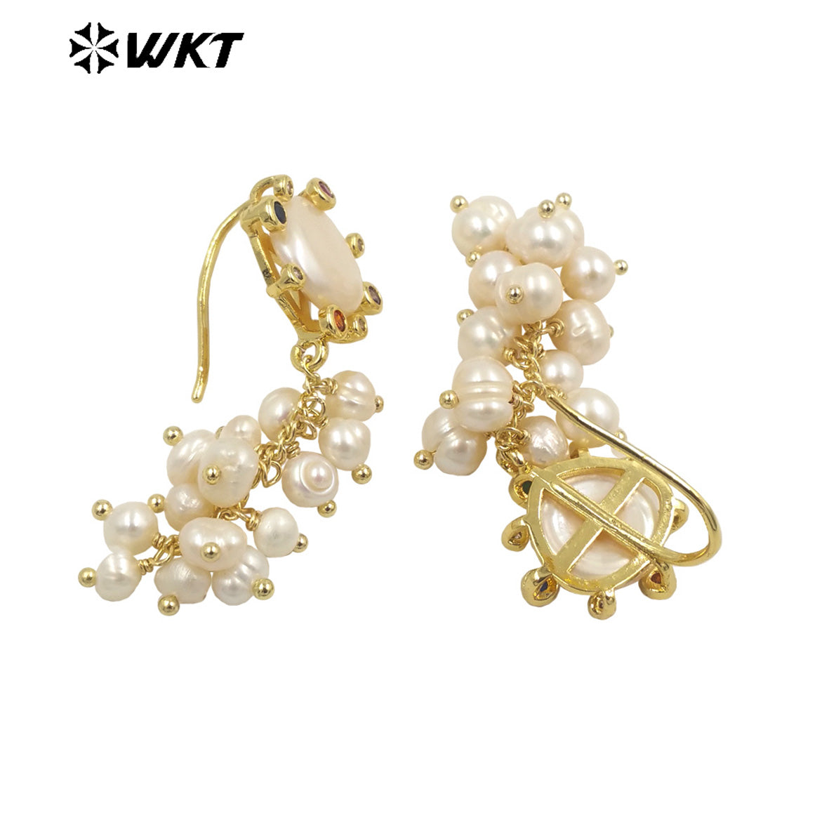 WT-MPE095 Wholesale Fashion Tiny Pearl Long Dangle Earrings Gorgeous Handmade Claw Setting Zircon Pearl Studs for Wedding