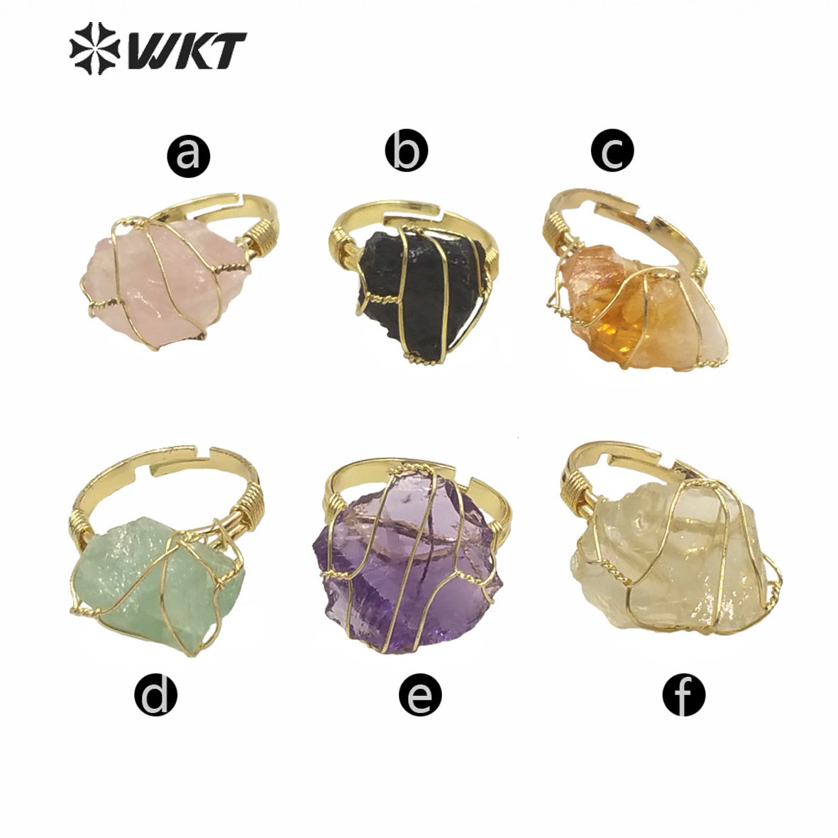 WT-R366 WKT New Design Gold Hand Make Wire Wrapped Mineral Stone Ring Women Fashion Hot Raw Quartz Fluorite Ring