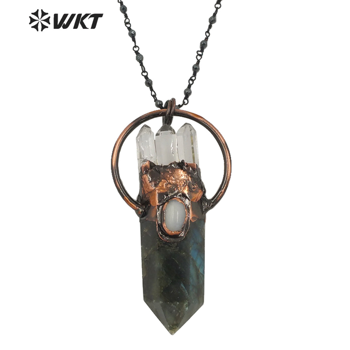 WT-N1262 Women Bohemian Style Natural Labradorite Point Stone Necklace with Antique Copper Plated Lady Retro Stone Necklace