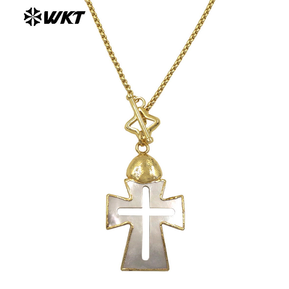 WT-JN353 Creative Gold Plated Chain With Star Clasp And Natural Shell Cross Hollow Pendant Necklace For Ladies Vintages Gift