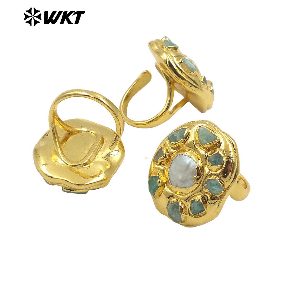WT-MPR086 Wholesale Fashion 18K Gold Plated Handmade Amazonite Tiny Stone Decorative With Pearl Women Cocktail Ring