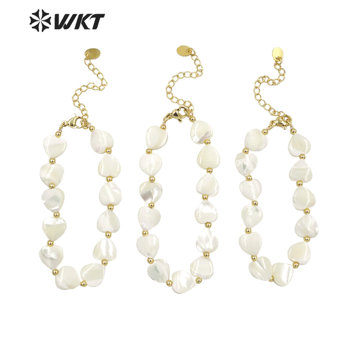 WT-MPB063 Unique Bohemian Vintage White Shell Made Heart Bracelet with Clasp Gold Strand Beads Heart Jewelry Women Bracelets