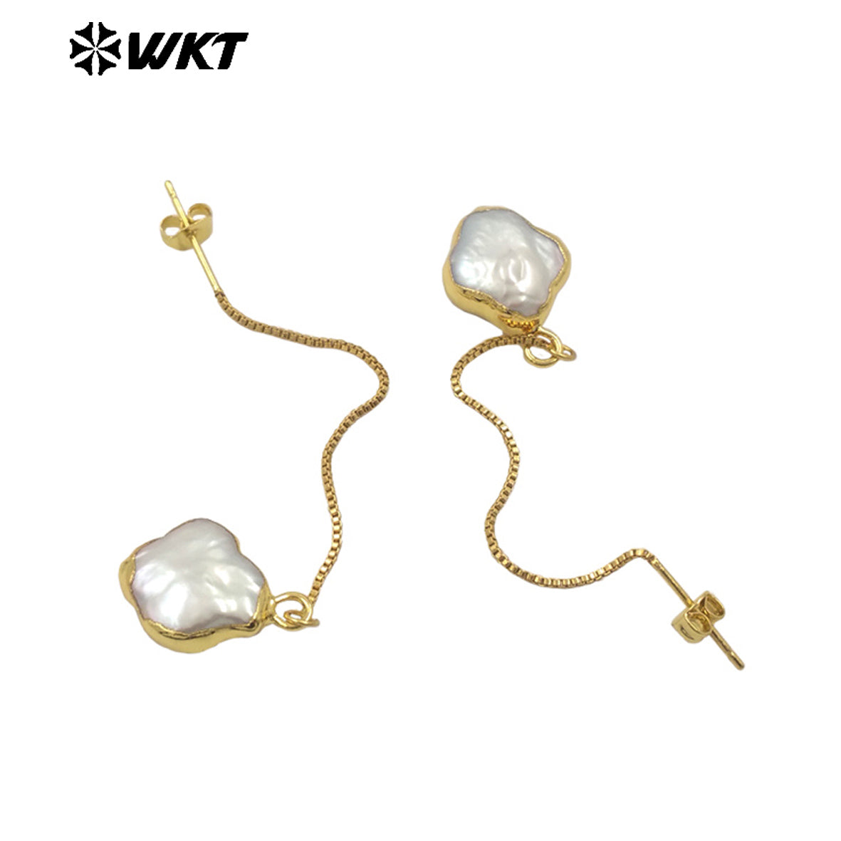 WT-MPE153 High Quality Natural Freshwater Pearl Long Earrings Gold Plated Double Design for Elegant Ladies Tiny Charm Jewelry