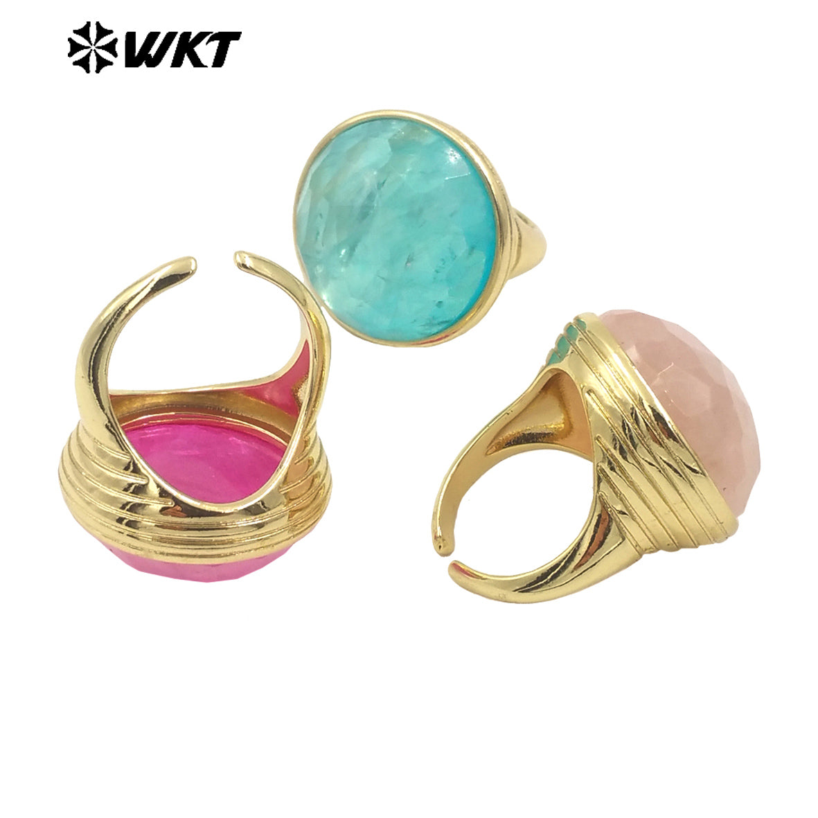 WT-R514 Wholesale New Design Big Round Natural Jade Spring Bright Color Women Gold Ring in Adjustable