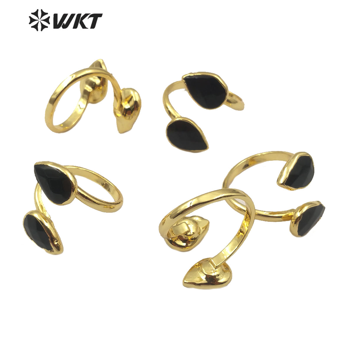 WT-R348 Wholesale Double Teardrop Natural Black Agate Ring Fashion Gold Plated Women Charm Jewelry Natural Stone Ring
