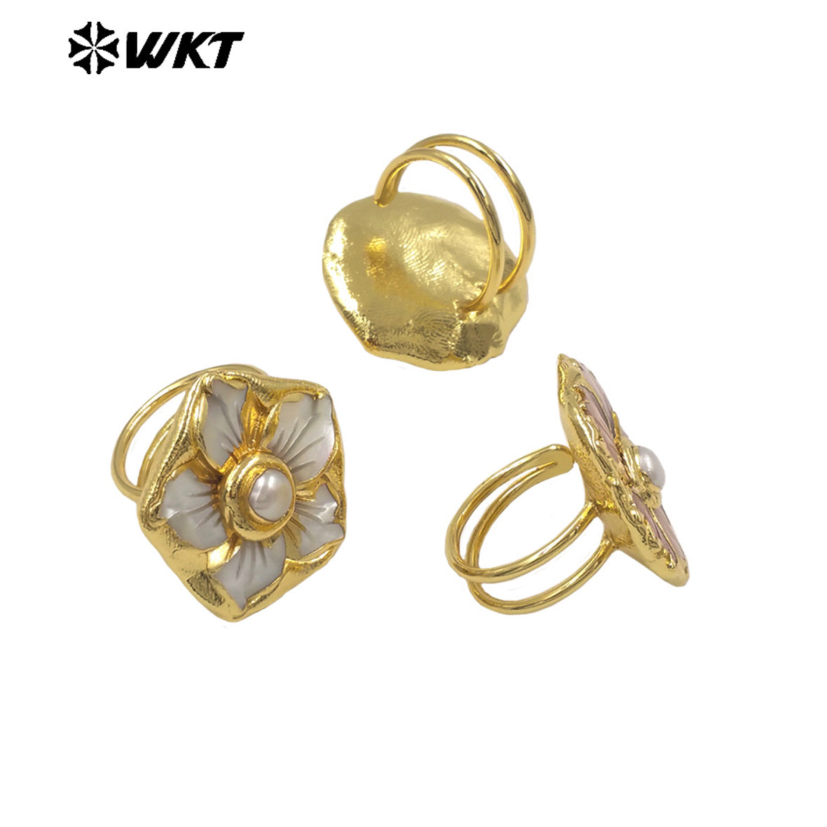 WT-MPR148 Beautiful Hand Carved Flower Shape Pink White Shell And Pearl 18K Gold Plated Rings For Ladies Elegant Jewelry