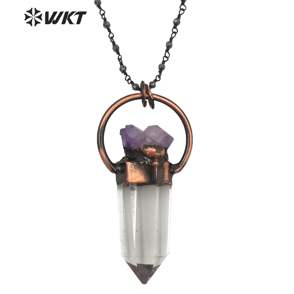 WT-N1263 Women Antique Copper Plated Crystal Quartz with Amethyst Necklace Boho Vintage Natural Quartz Point Necklace