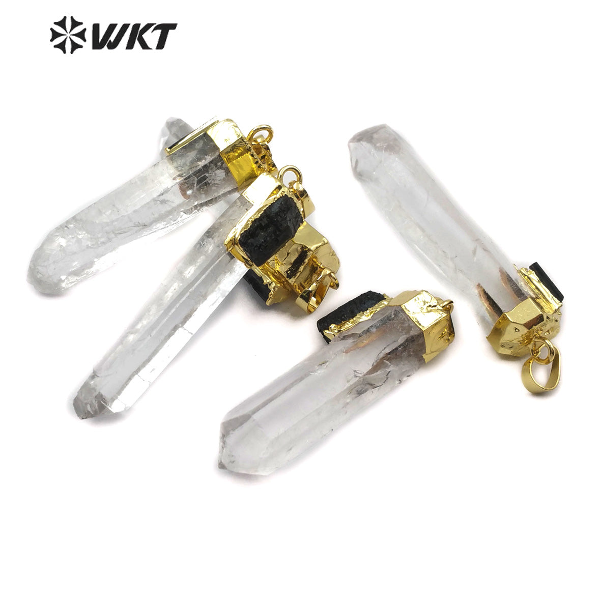 WT-P1447 Wholesale New Design Natural Stone in 18K Gold Plated Crystal Quartz with Black Tourmaline Charm Pendant