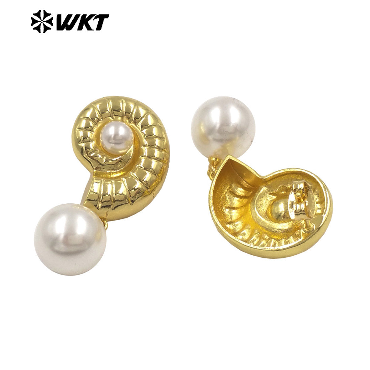 WT-ME132 Fashion Gold And Silver Plated Shell Shape Double Designs Brass With Artificial Pearl Earrings For Women Daily Wearing