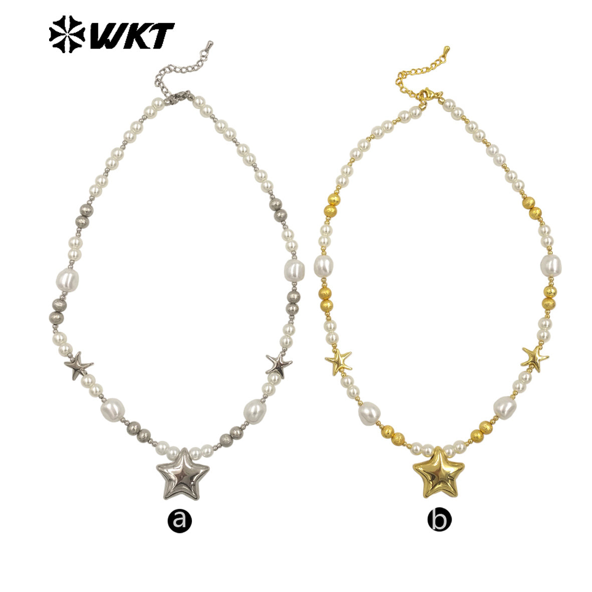 WT-JN287 WKT Natural Yellow Brass Artificial Pearl Star Shape Gold and Silver 16 Inch Necklace for the Girl As Birthday Gift
