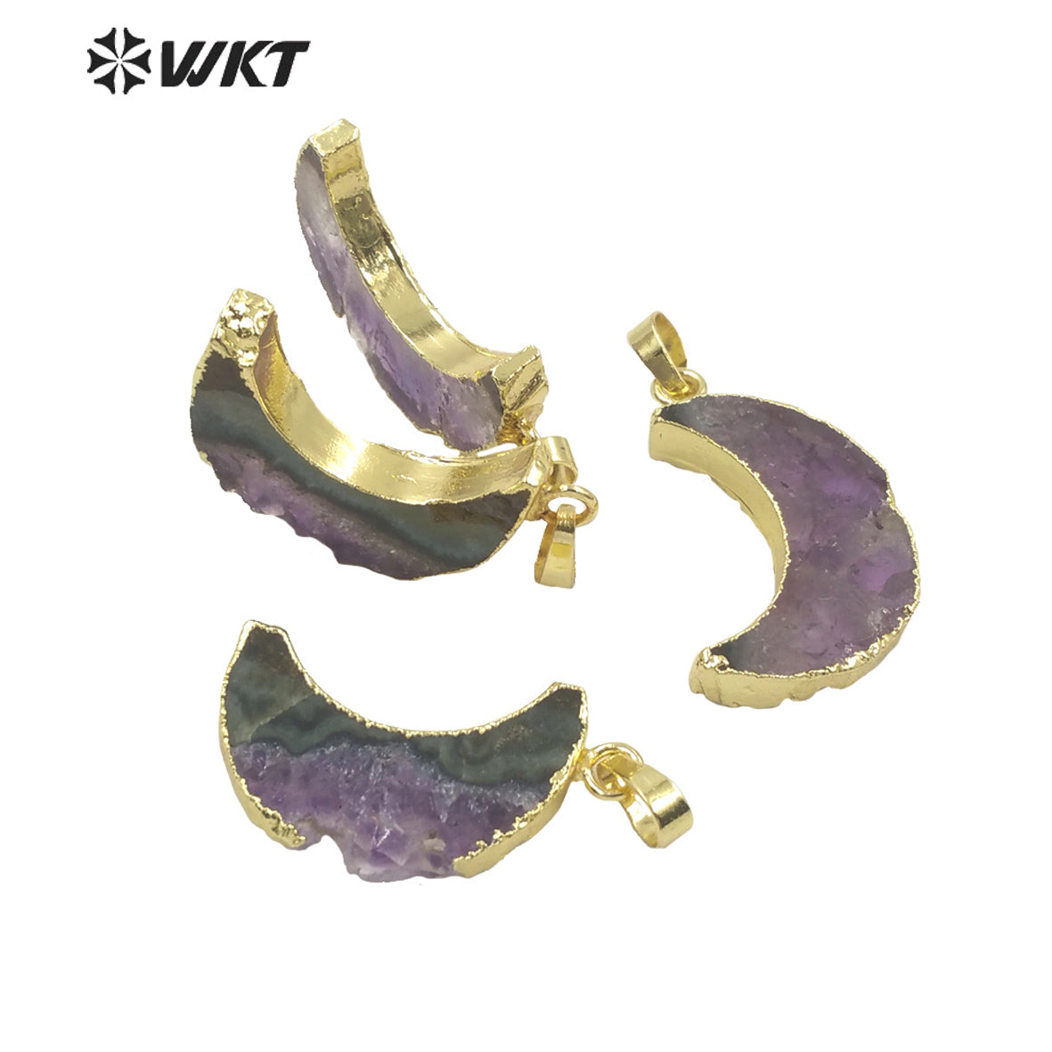 WT-P1705 New Small Size Slice Gold Plated Crescent Moon Aemethyst Stone Pendant Moon Lady Raw Stone Moon Pendant for Necklace