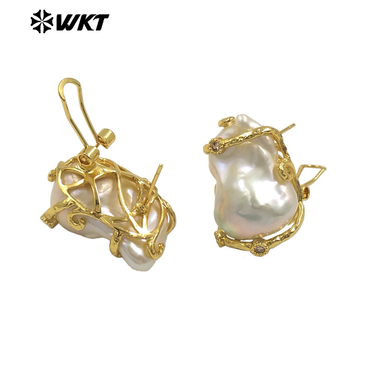 WT-MPE149 Amazing Gorgeous Natural Randomly Shape Baroque Studs With Cubic Zircon Claw Setting Pearl Earrings