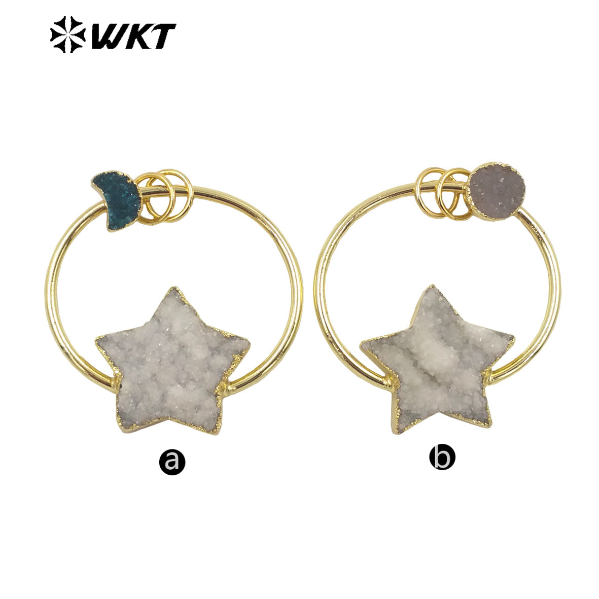 WT-P1782 Cute Star Moon Aura Druzy Quartz Small Delicate Pendant with Moon Round Stone Crystal Pendant for Women Gifts