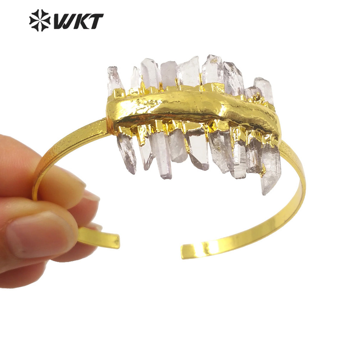 WKT-B583 Noble Generous Gold Electroplated Open Size Cuff Bangle Women Bohemian Natural While Crystal Quartz Gold Bangle