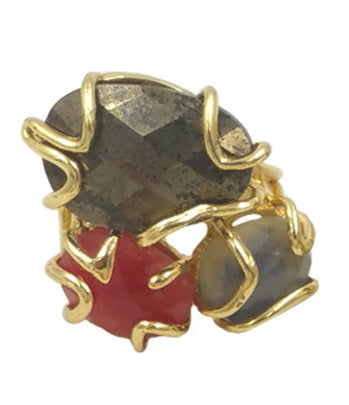 WT-R417 WKT NEW Design Gorgeous Triple Natural Gemstone Claw Setting Stone Ring Women Adjustable Precious Colorful Gold Ring