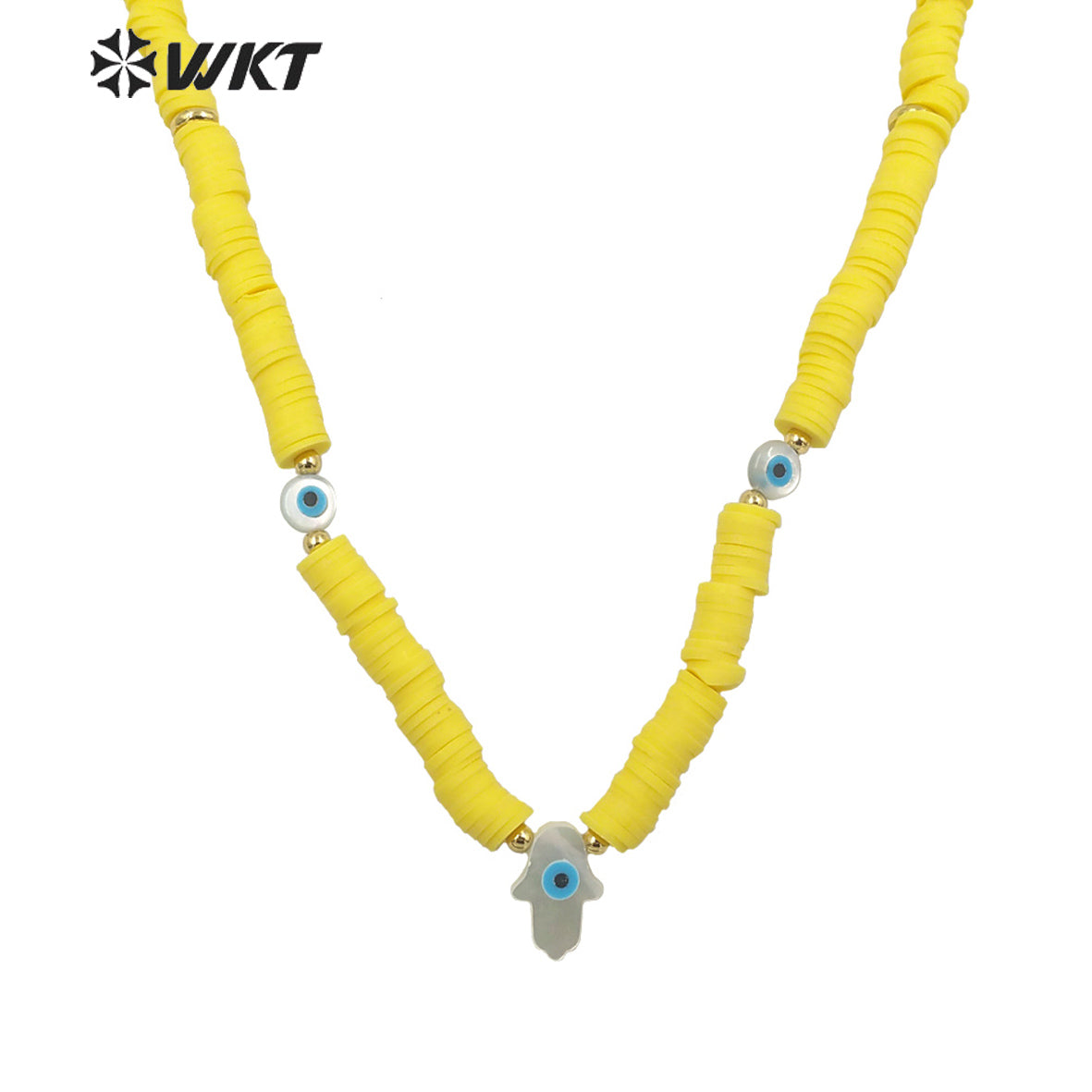 WT-JN196 Amazing New Design Healing Handsha Yellow Resin Beads Strand Necklace Natural Shell Made Hand Charm Pendant Necklace