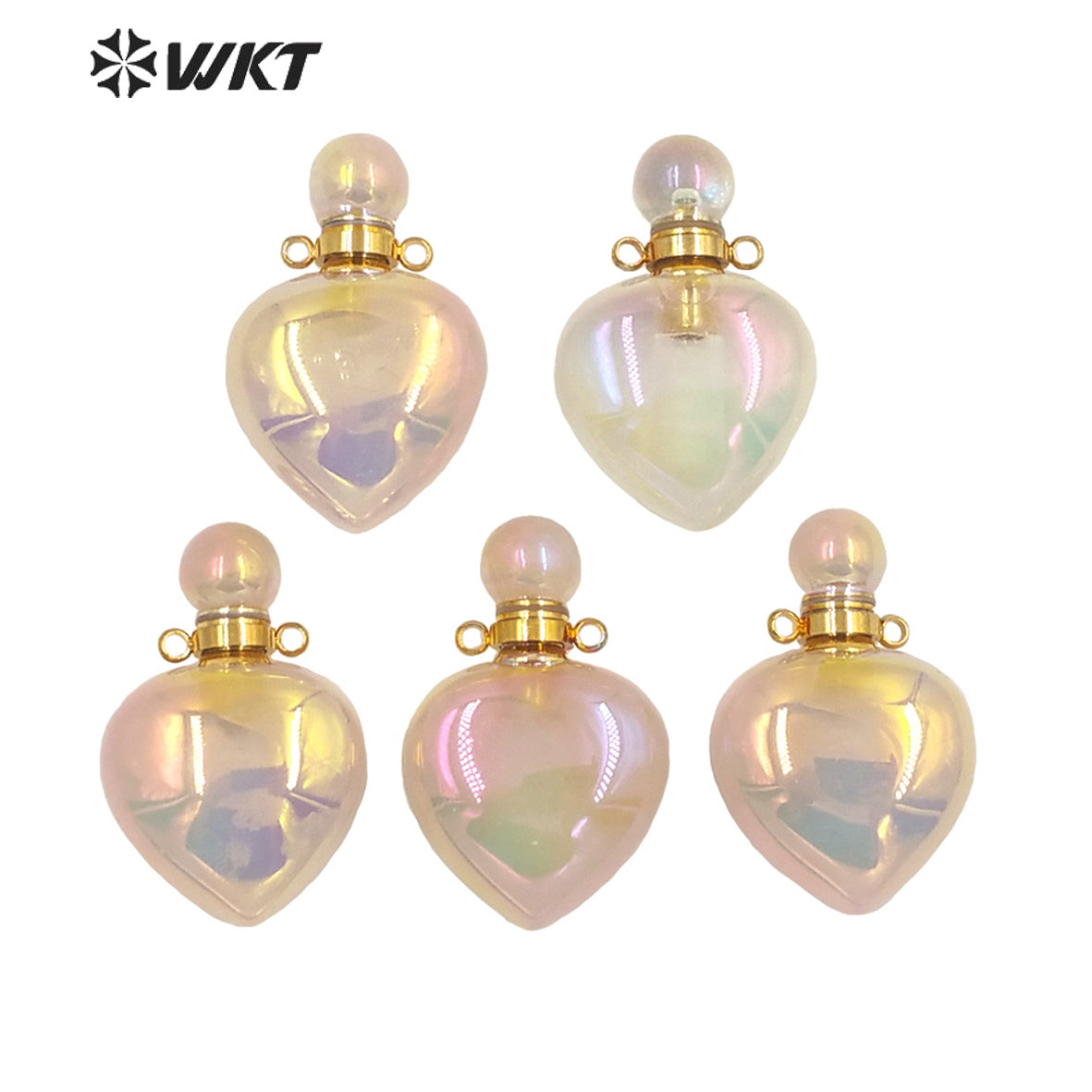 WT-P1647 Wholesale New Color Natural Rose Quartz Stone with Aura Heart Pendant Women Fashion Gold pink Aura Heart Perfume Bottle