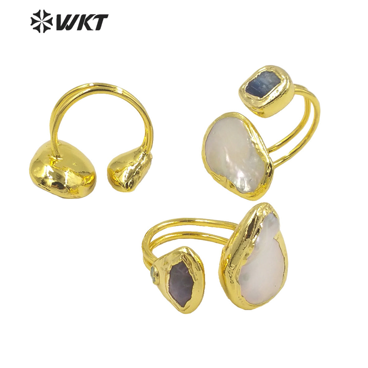 WT-MPR036 Refined Elegant Ladies Rings Blue Kyanite 18k Gold Plated Rings Open Adjustable Size Natural Pearl Gemstone Rings