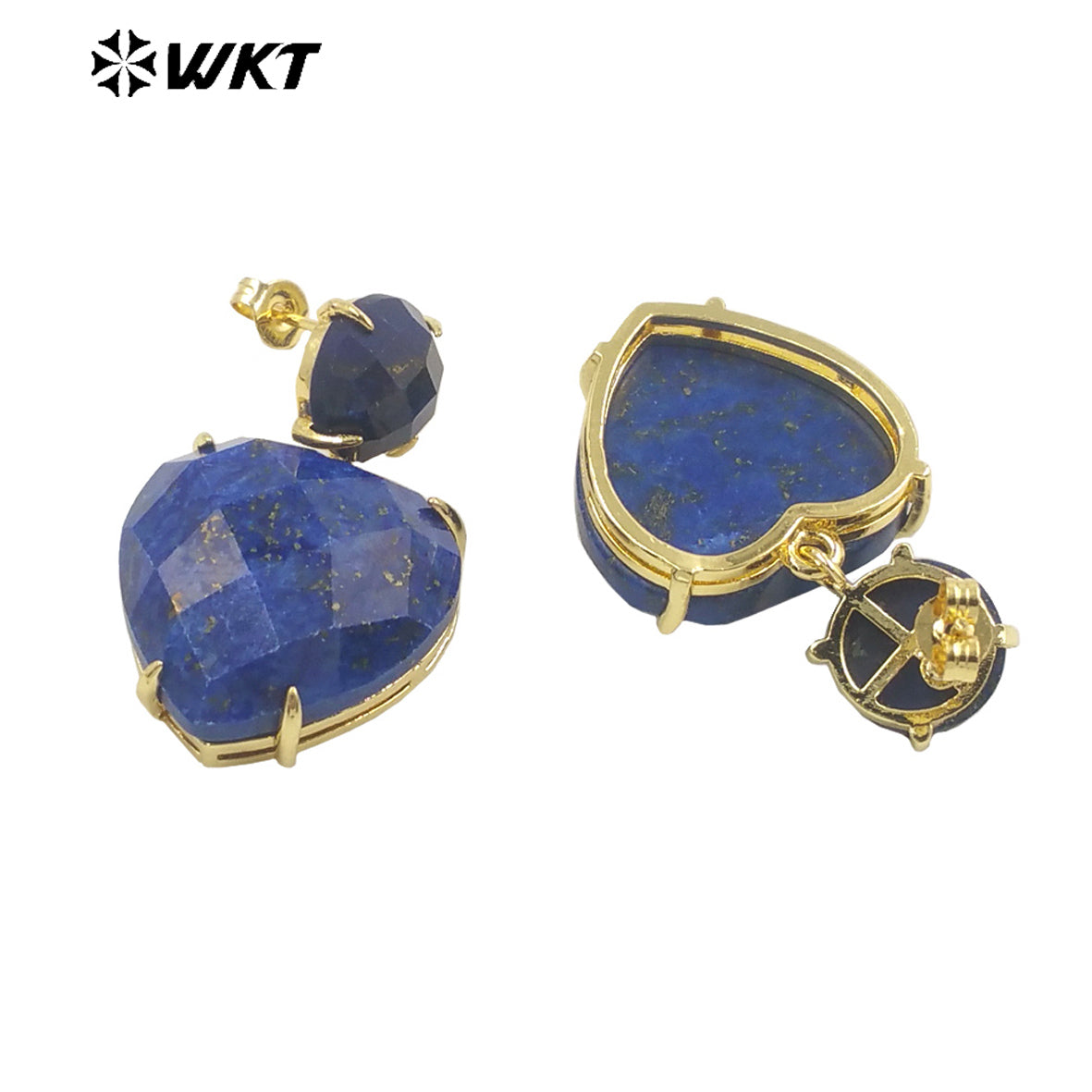 WT-E719 First Choice Hot Natural Gemstone Carved Heart Earrings for Lovers 18k Gold Plated Lapis Amethyst Stone Anniversary Stud
