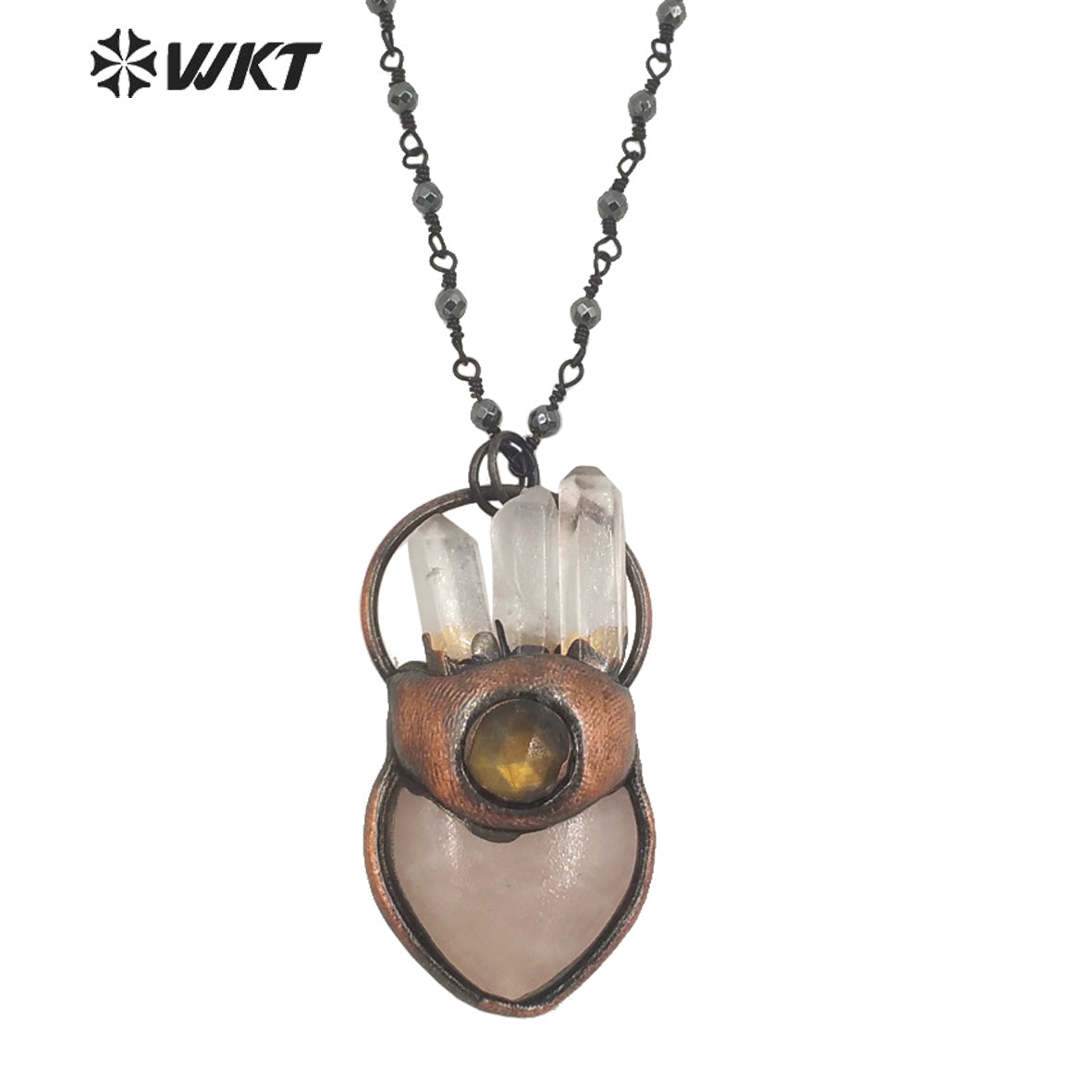 WT-N1341 WKT Natural Rose Quartz With Crystal Pendant Lovely Necklace Exquisite Heart Shape Natural Stone Jewelry Necklace