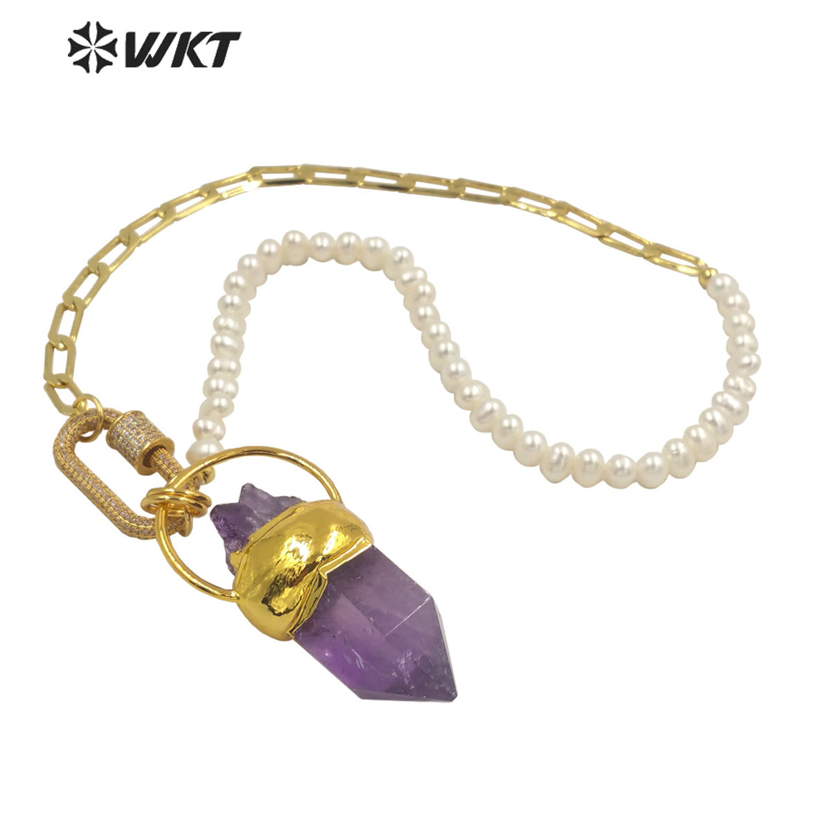 WT-N1303 Wholesale 18k Real Gold Plated Gorgeous Natural Amethyst Stone Necklace in 16 Inch Women Pearl Chain Stone Necklace