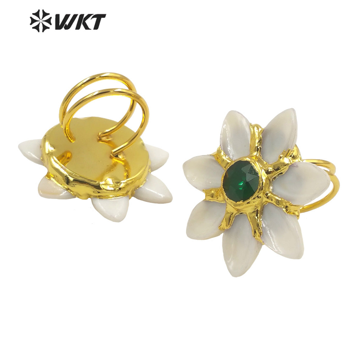 WT-MPR067 Gorgeous Trendy Fashion Natural White Shell and Green Jade Stone Ring for Women Lucky Unique Design Ring