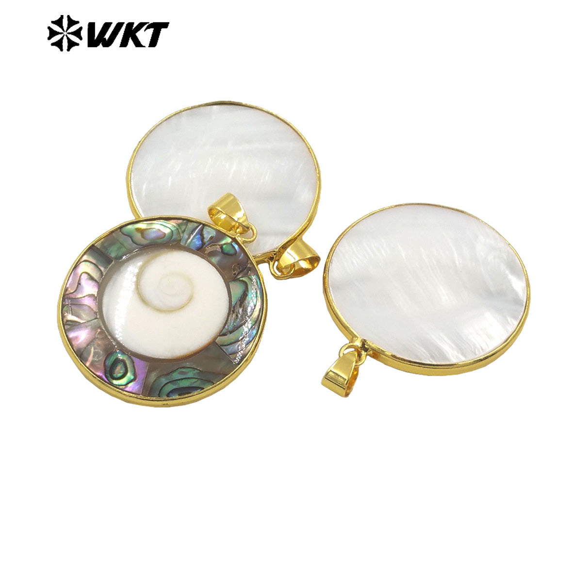 WT-JN266 Wholesale Fashion Gold Bezel Round White Trumpet Shell Energy Pendant Necklace With 18 Inch Chain