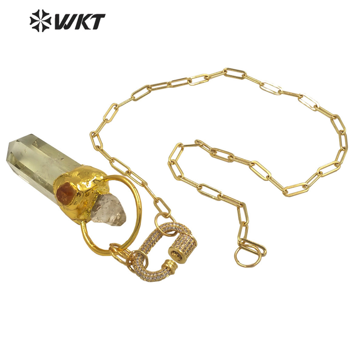 WT-N1273 Unique Gold Electroplated Yellow Crystal Stone Big Pendant Necklace Women Chunky Citrine Raw Stone Necklace