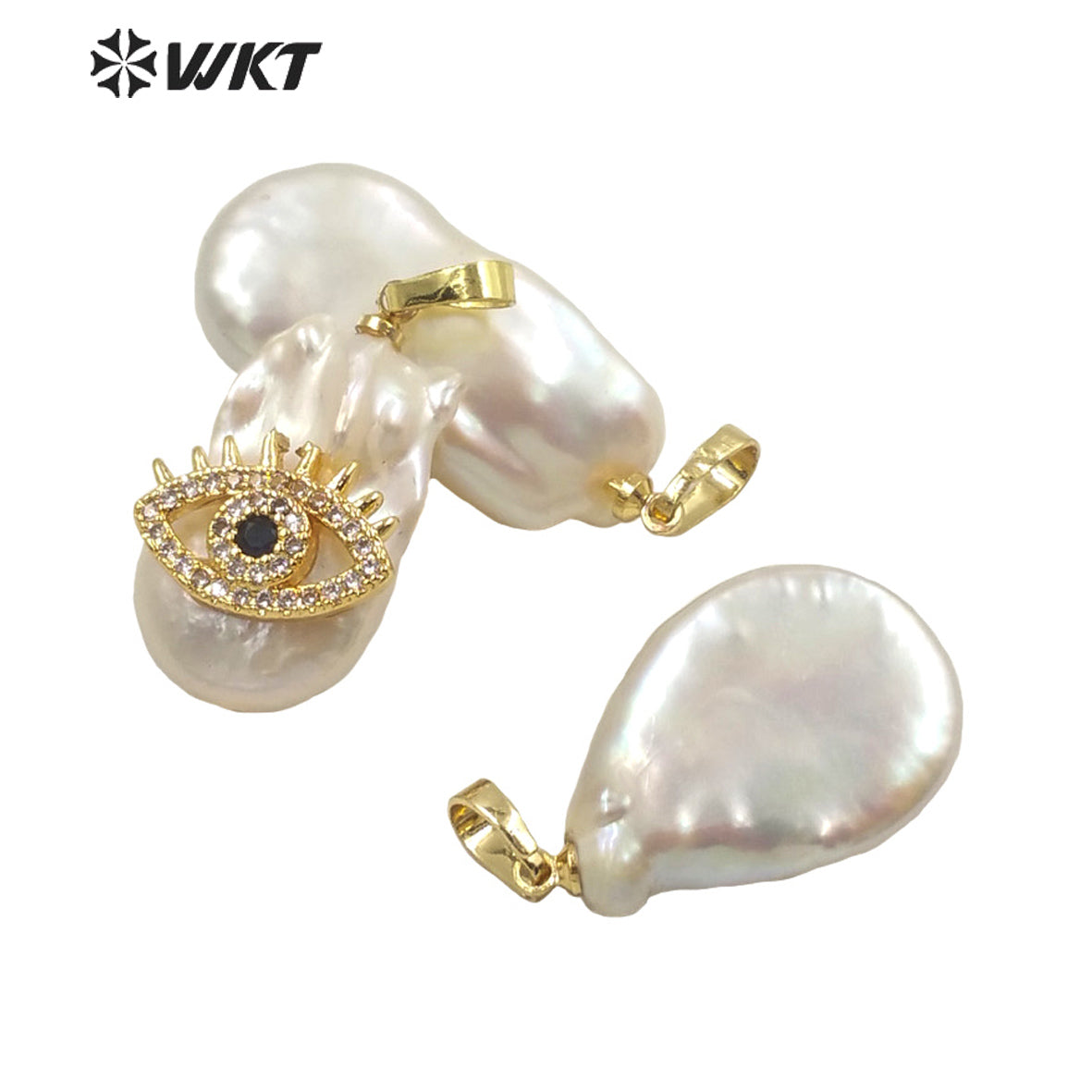 WT-JP259 New Design Popular Women Charming Micro Pave CZ Eye Pearl Pendants With Gold Hoop Fancy Girl Natural Real Pearl
