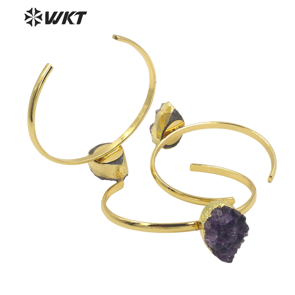 WT-B611 Druzy Amethyst Bangles French Vintage Style Yellow Brass 18k Gold Plated Bangles As Women Gift Natural Crystal Bangles