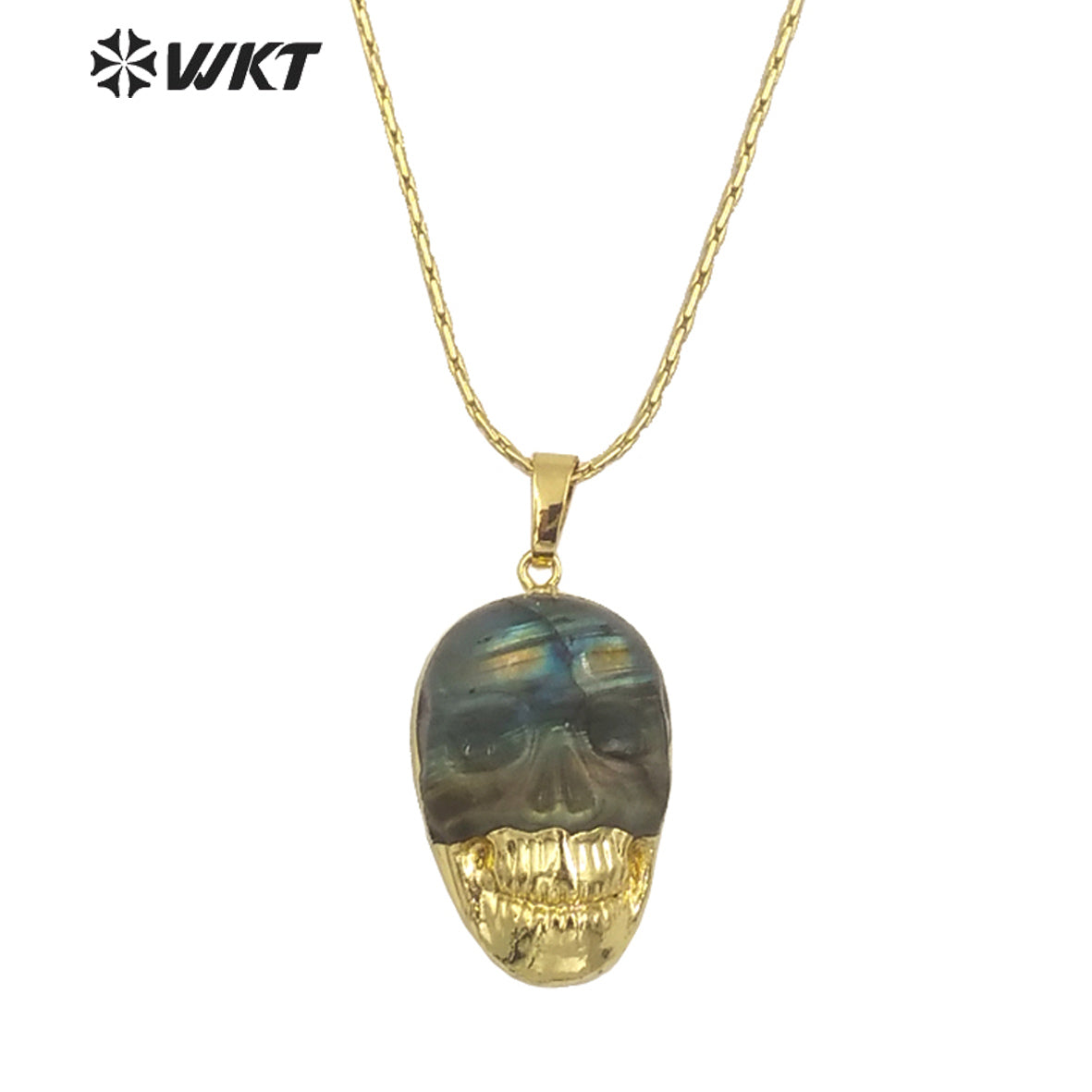 WT-N1461 Wholesale Fashion Gold Dipped Natural Flashy Stone Hand Carving Labradorite Skulls Necklace