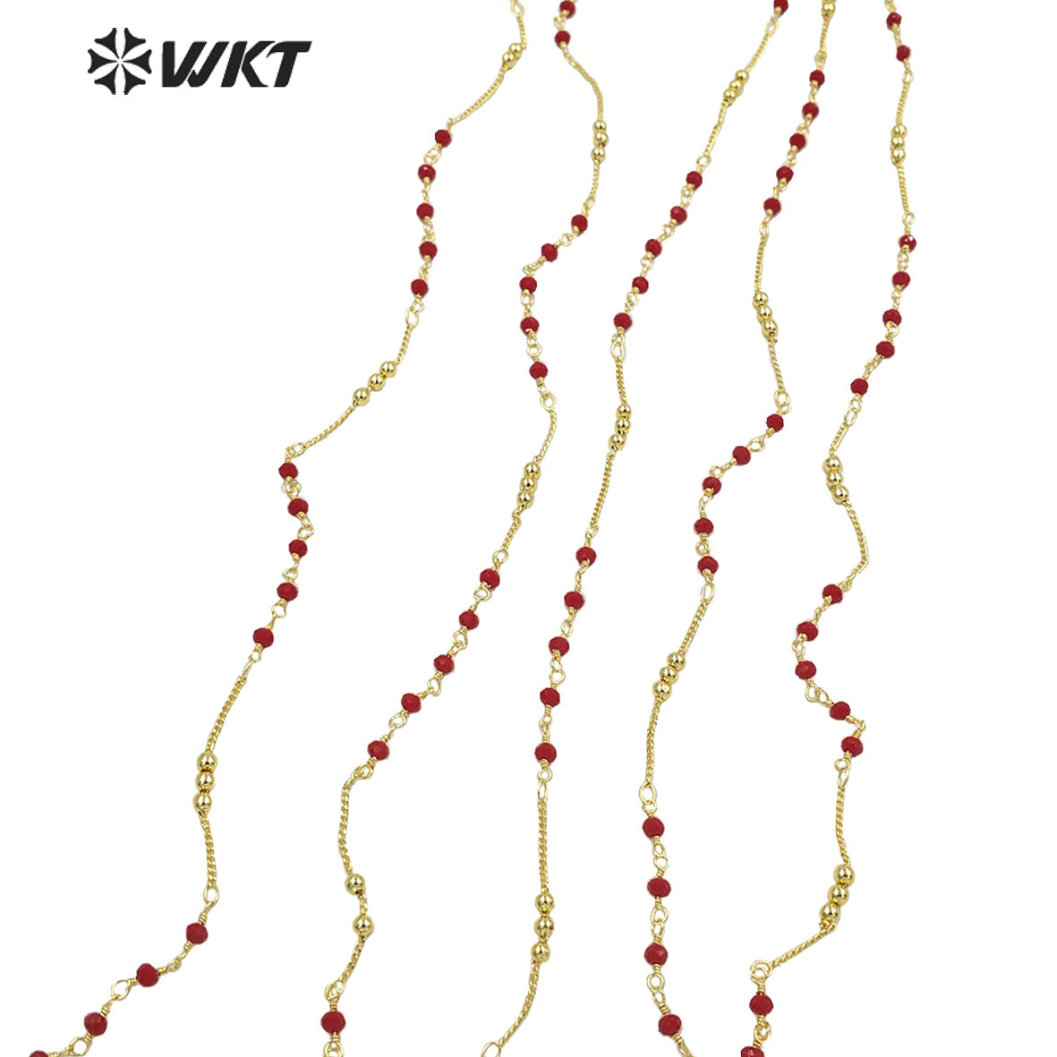 WT-RBC197 Amazing Women Handmade Gold Plated Jewelry Findings Chain in Brass with Red Beads Mix Link Chain Satellite Chain