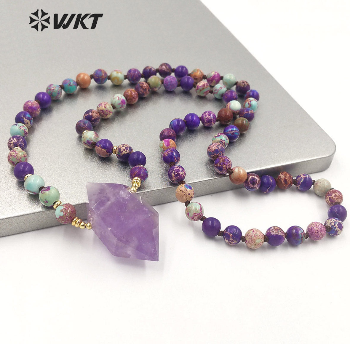 WT-N1374 Charming Natural Amethyst Pendant Bohemia Bead Chain Colorful Jasper Bead Necklace Women Gifts Natural Crystal Necklace