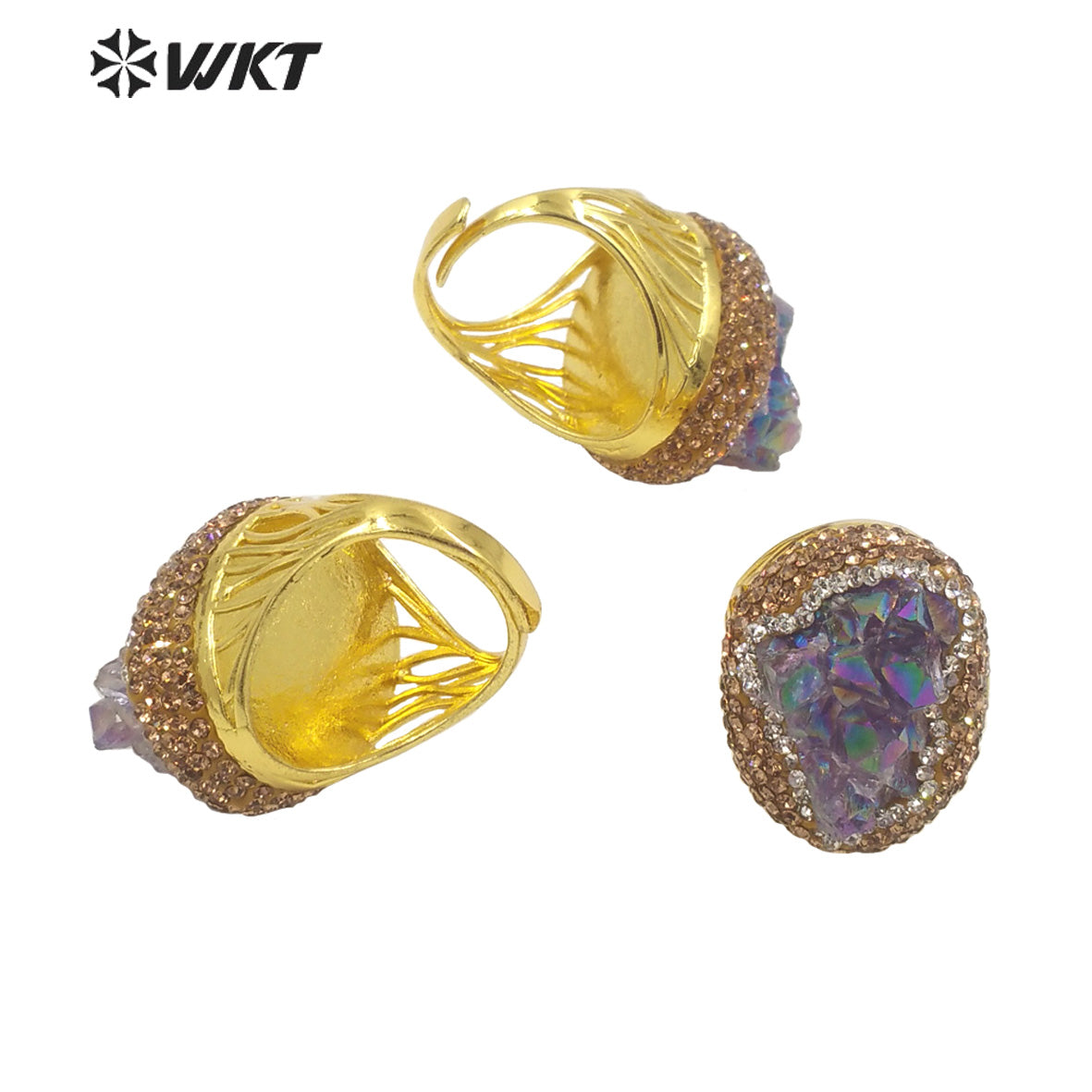 WT-R433 Fashion Oval Shape Aura Amethyst Stone Ring 18k Gold Bezel Setting Rhinestone Paved Druzy Amethyst Ring for Gift
