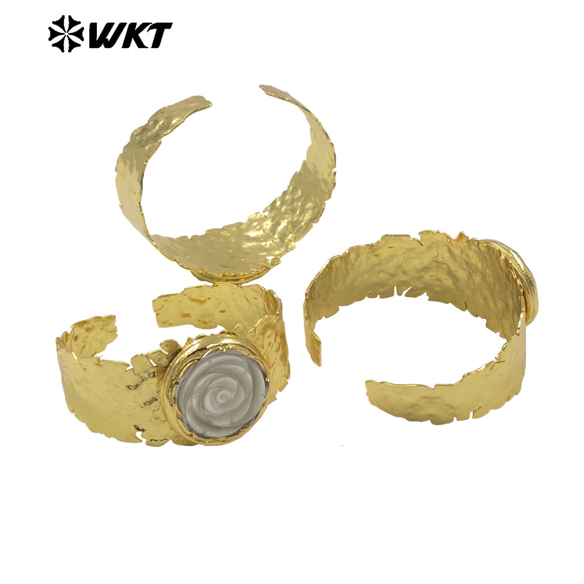 MPB124 Classical Gold Electroplated Cuff Bangle With Natural MOP Shell Handmade Carved Rose Flower Shape Women Party Accessory