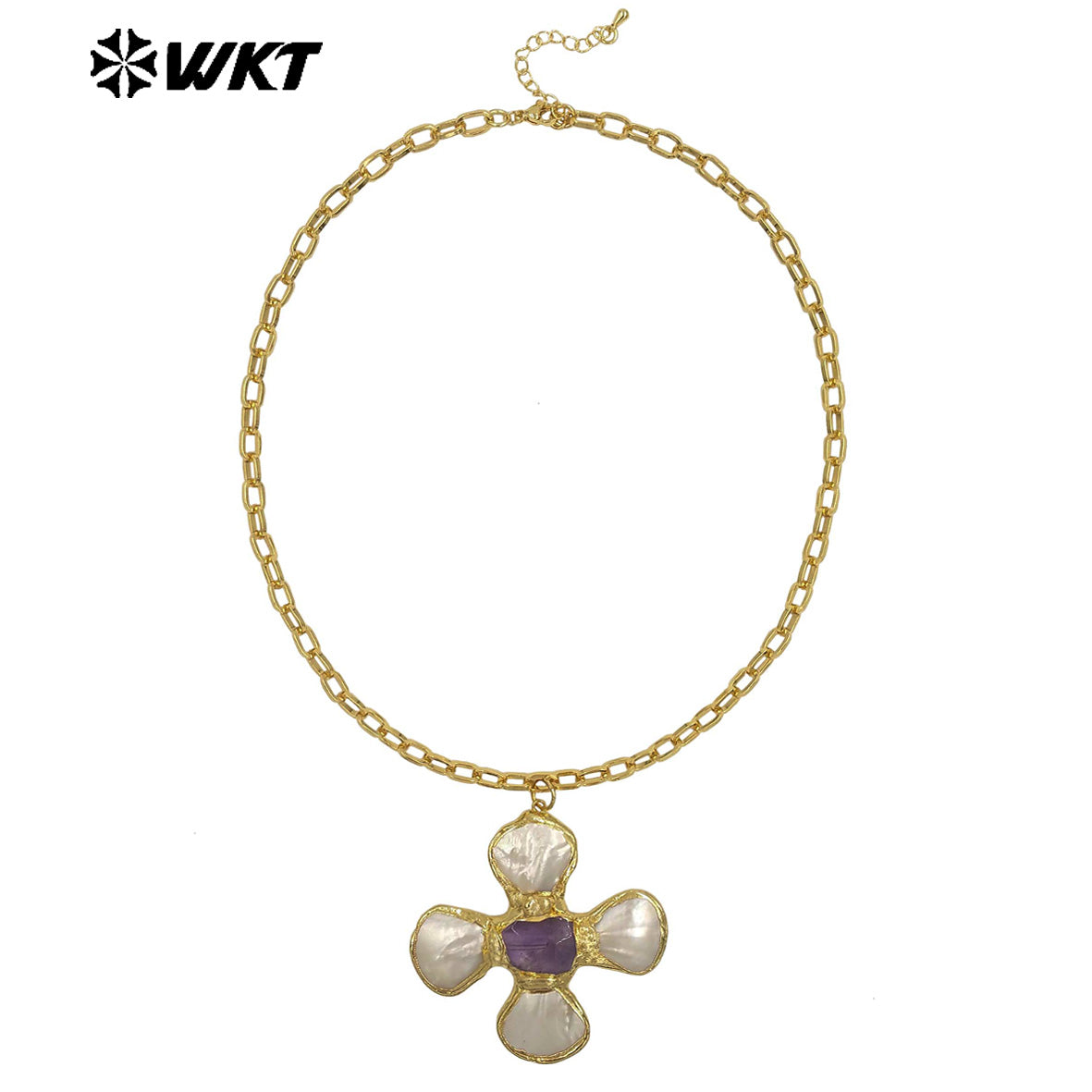 WT-JN346 Popular 18K Gold Plated Natural Turquoise Amethyst Stones And Shell Flower Shape Pendant Necklace As Party Jewelry
