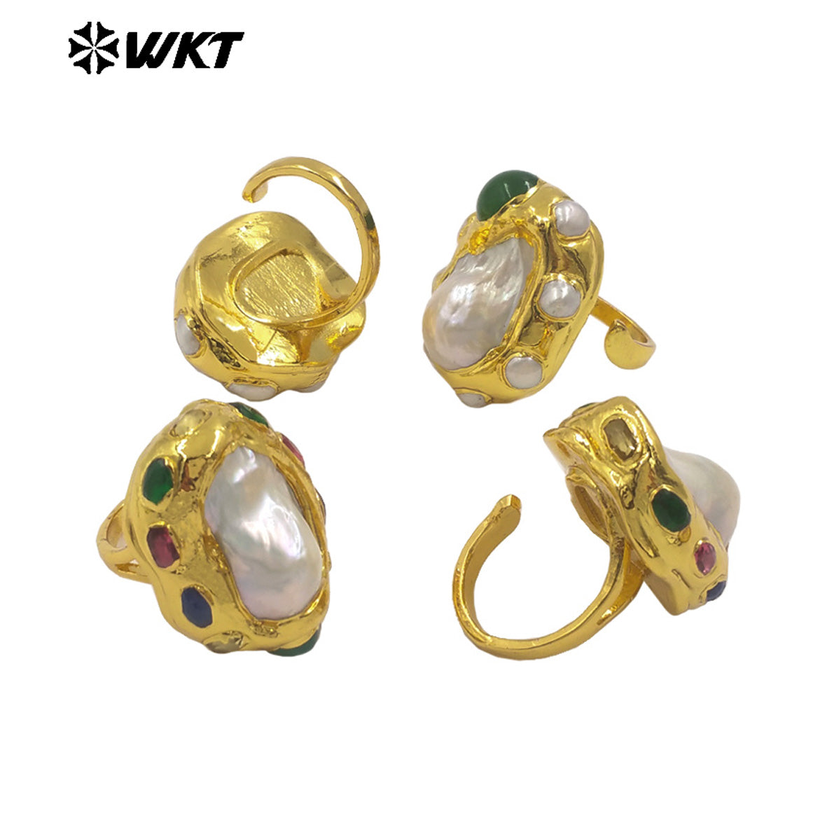 WT-MPR145 Amazing Luxury Gold Plated Random Shape Baroque Pearl With Natural Jade Rings Ladies Resist Tarnishable Jewelry Gift