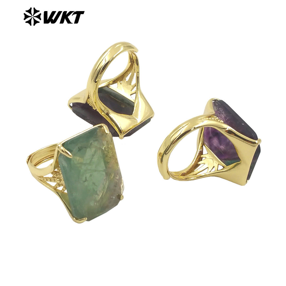 WT-R515 Wholesale Fashion Gold Plated Natural Rainbow Fluorite Stone With Claw Setting Long Square Women Ring