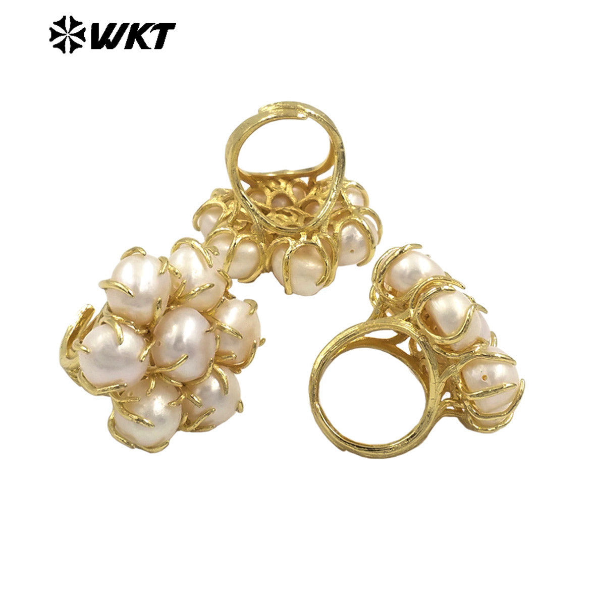WT-MPR123 Sweet Gold Plated Handmade Claw Prong Setting Multi Freshwater Pearl Assemble Flower Rings