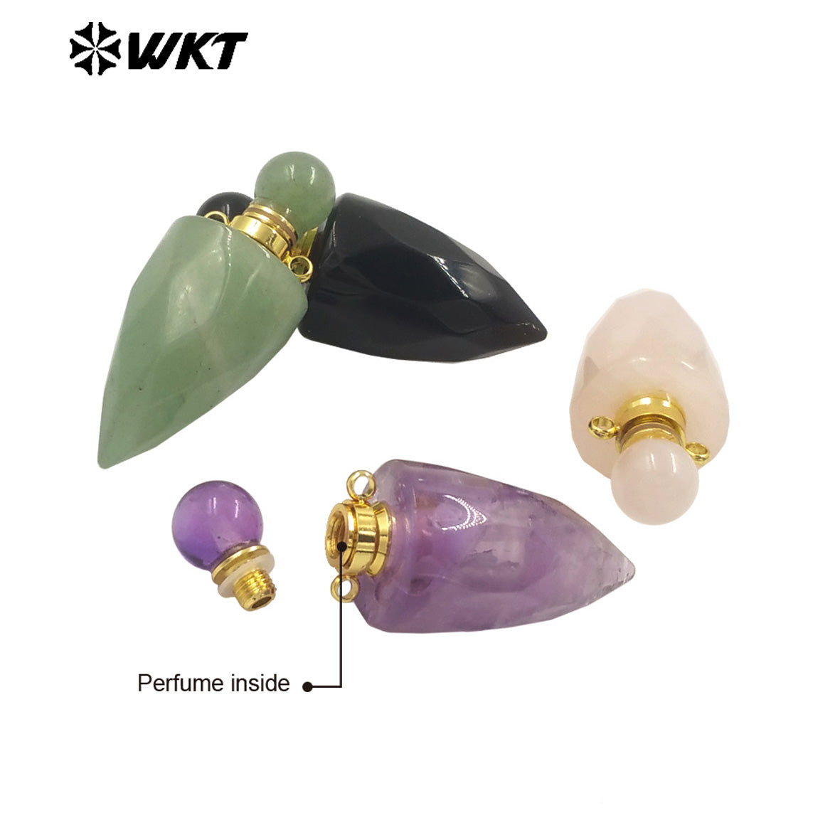 WT-P1979 New Design Fashion Gold Plated Faceted Natural Gemstone Carved Bullet Point Perfume Bottle Pendant for Necklace