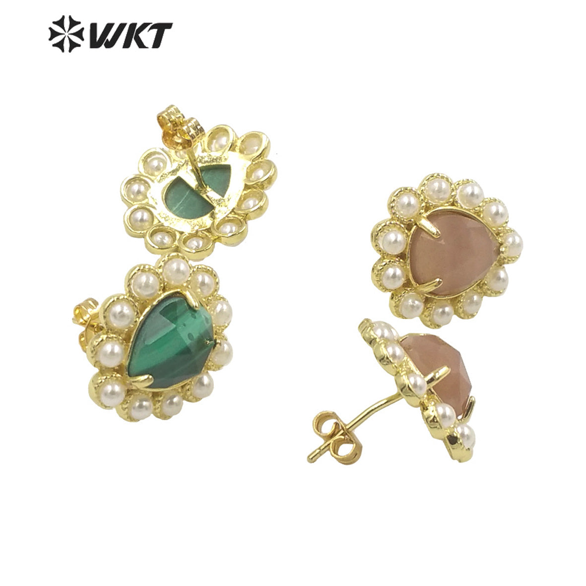 WT-MPE124 Charming Drop Natural Gemstone Made With Artificial Pearl Gold Bezel Setting Women Earring Studs