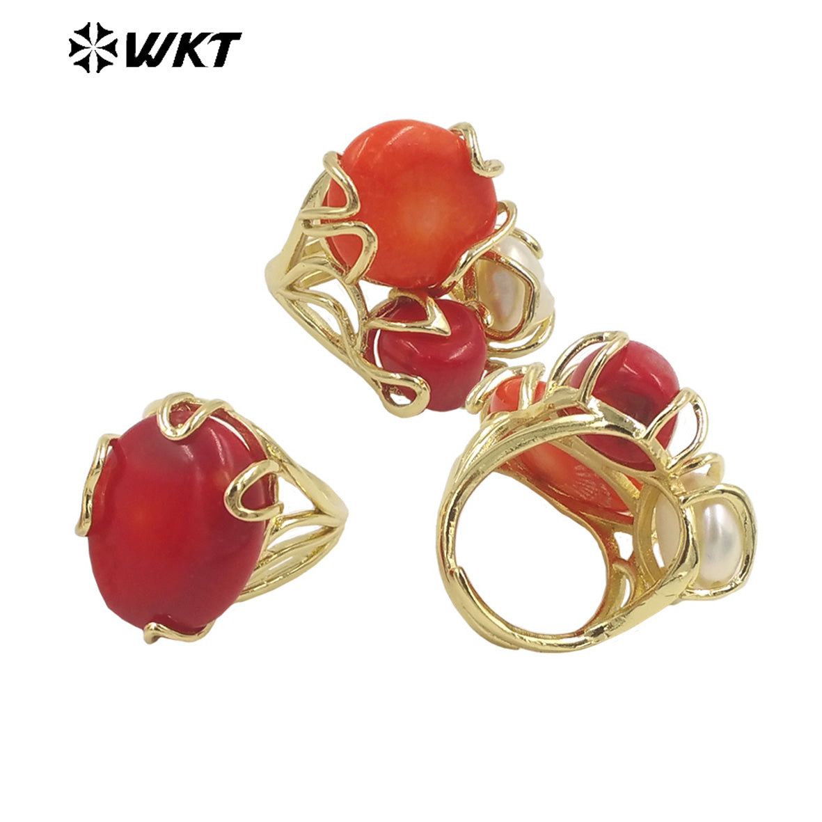 WT-MPR055 WKT Newest 18k Real Gold Plated Triple Stone Ring Lovely Women Natural Coral and Pearl Boho Ring for Gift