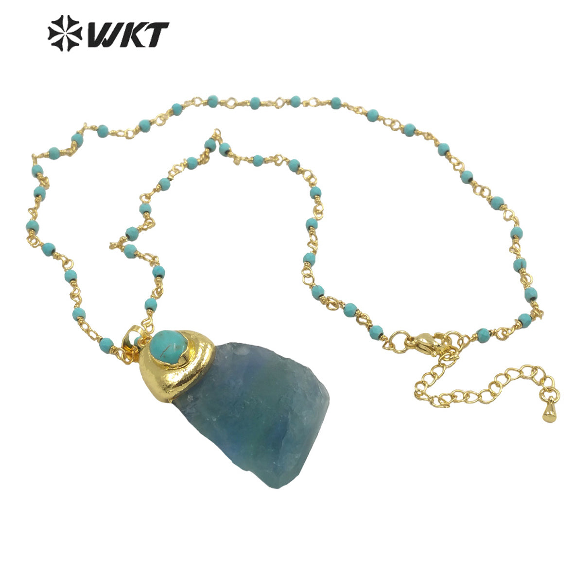 WT-N1288 Amazing Natural Raw Blue Fluorite Stone Necklace with Turquoise Charm High Fashion Gold Plated Gemstone Necklace