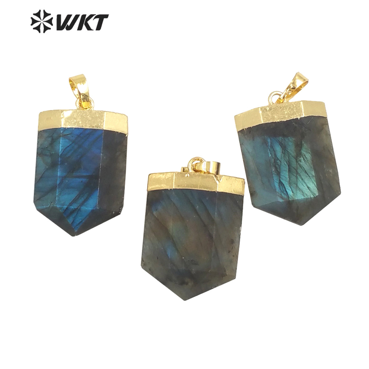 WT-P1844 WKT Newest Design Double Faceted Hexagon Shape Natural Labradorite Pendant 18k Gold Flash Stone Pendant