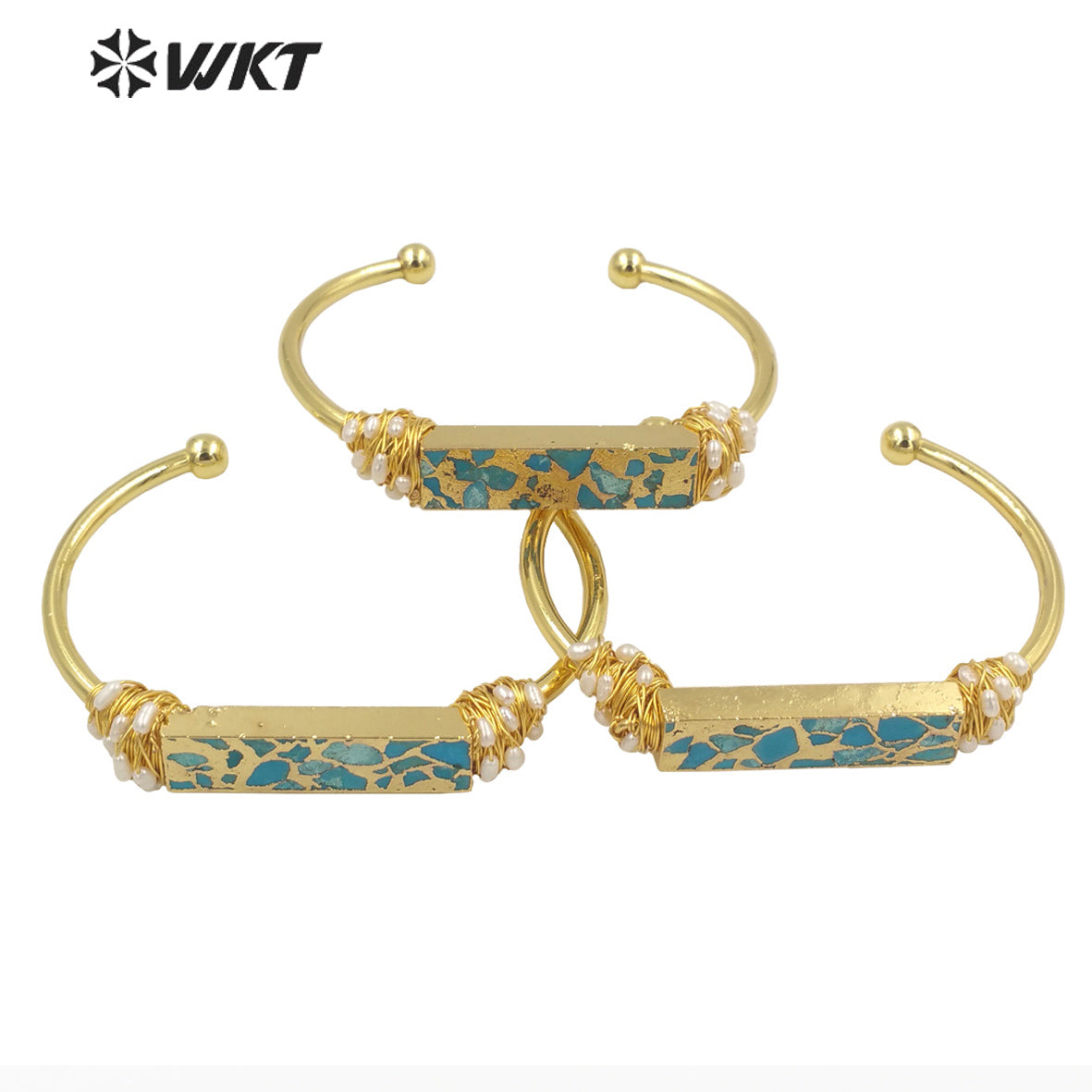 WT-B581 Wholesale Fashion Chic Lady Gorgeous Copper Turquoise Stone Bangle 18k Real Gold Plated Resist Tarnishable Wire Bangle