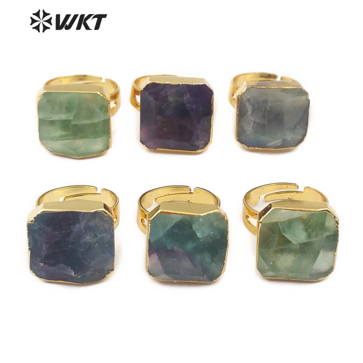 WT-R211 Natural rainbow Fluorite square Gemstone Rings, Fashion Raw Fluorite Stone Rings with 18K Gold Dipped